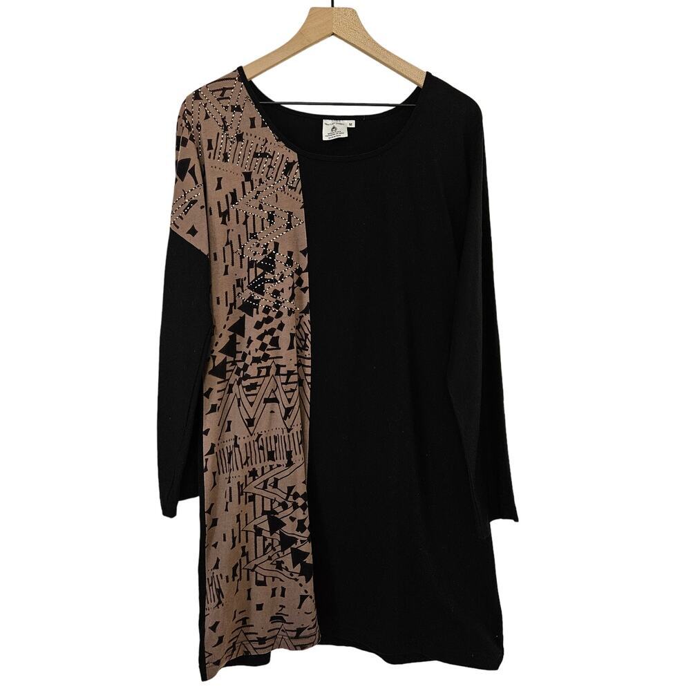 Dignity Not Charity Shift Tunic Dress M‎ Black Tan Boho Stitched Detail